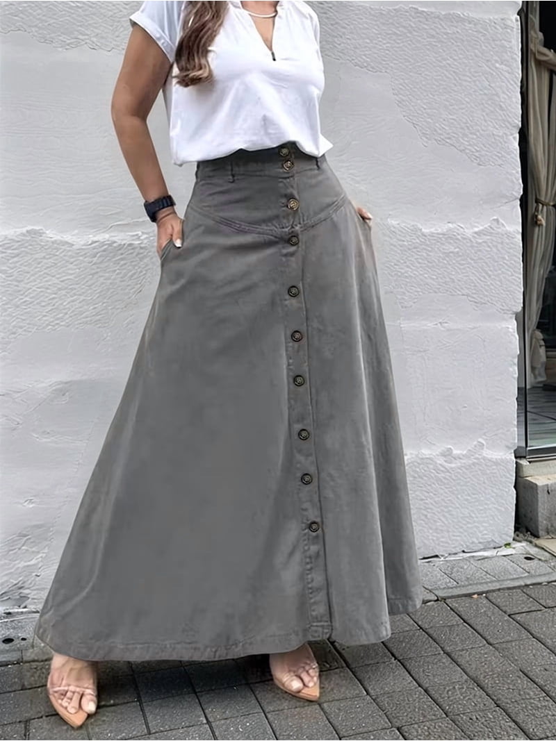 Women Button Down Maxi Skirts High Waist A-Line Pleated Long