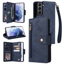 Feishell for Samsung Galaxy S21 5G Wallet Case with Wrist Strap,Premium PU Leather Zipper Pocket Magnetic Buckle Folio Flip ID Credit Card Slots Shockproof Kickstand Phone Case for Women Men,Blue