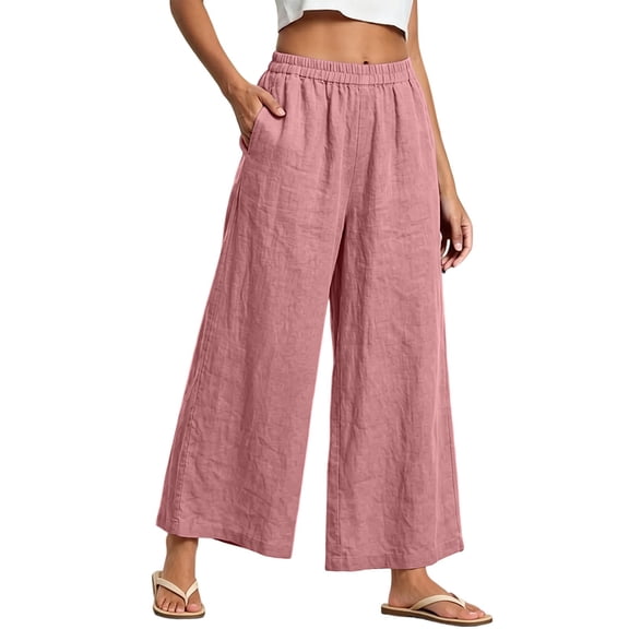 Women's High Waisted Wide Leg Cropped Pants with Pockets, Flowly Relaxed Fit Nine-Quarter Trousers, Solid Color Casual Summer Bottoms for Vacation and Everyday Wear