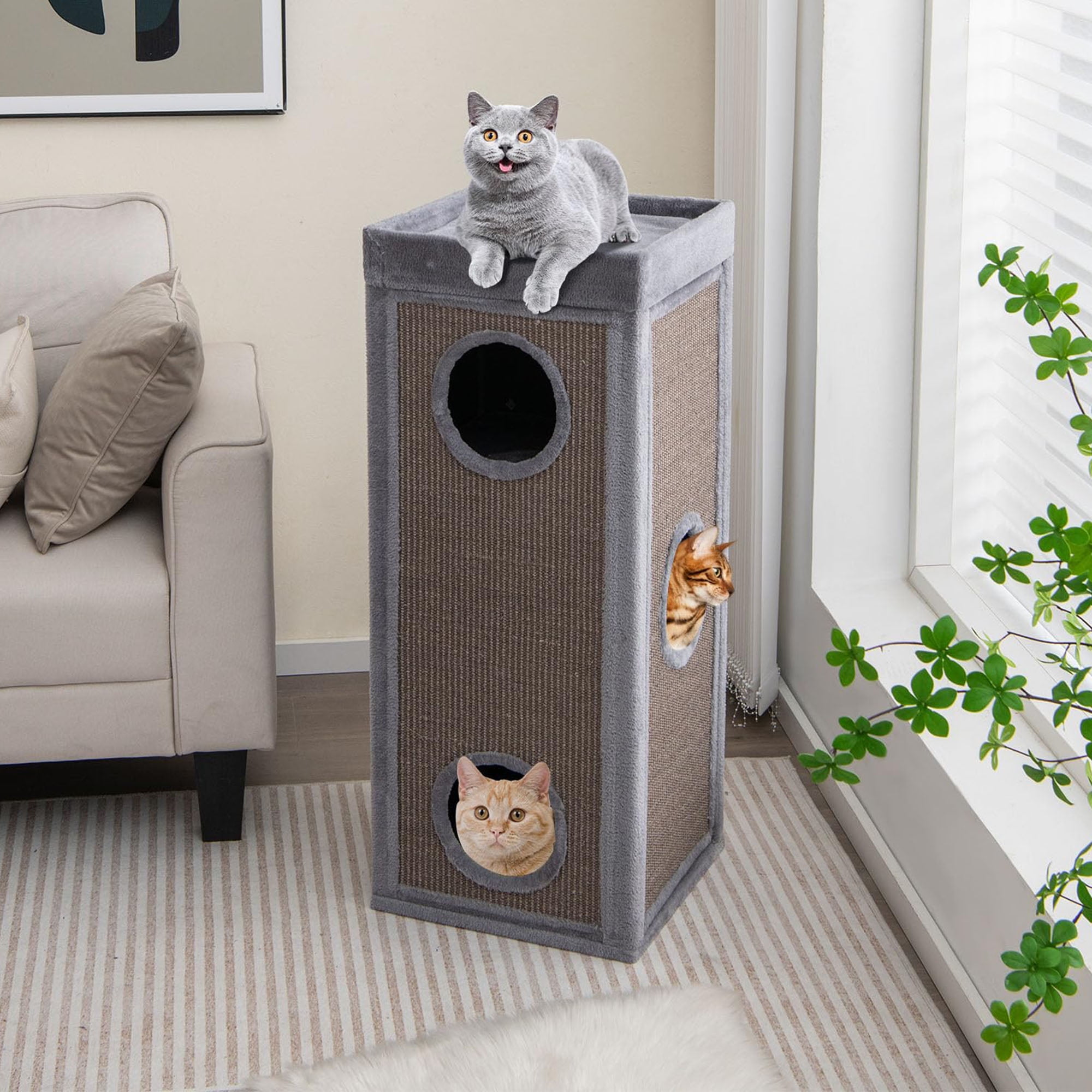 Kadyn 39" Indoor Cat Cave Bed, Cat House Scratcher Furniture, Cat Condo with Scratching Posts, 3 Hideaways, 4 Soft Plush Cushions, Gray