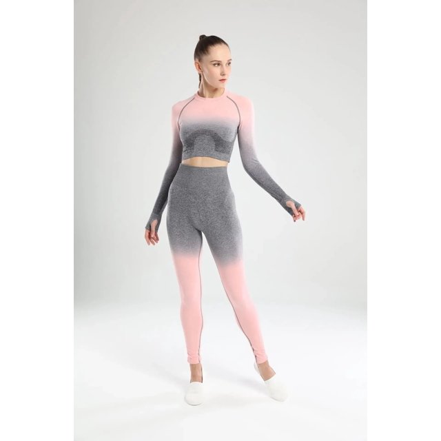 Conjunto de mallas de gimnasio para mujer, ropa deportiva de entrenamiento de cintura alta, traje de yoga, chándal de dos piezas acanalado gradual sin costuras