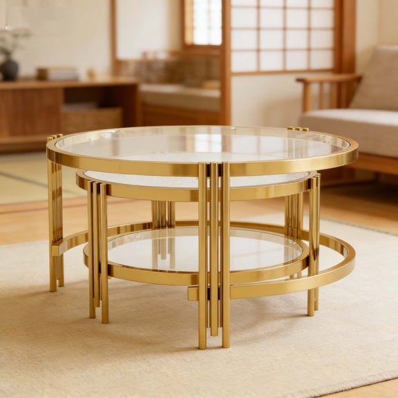 Gold Finish 2-Piece Round Tempered Glass Coffee Table Set, Textured Surface Living Room Tables, 32.75" Modern