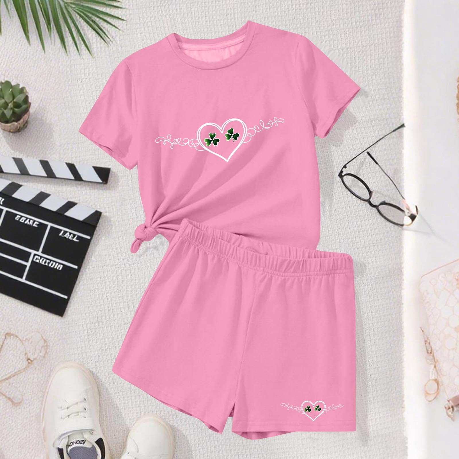Amidoa Girls Summer Outfit Sets 2 Piece T-Shirt Graphic Short Sleeve and Shorts Set Kids Clothing Sets Pink Size 12
