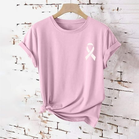 purcolt Breast Cancer Awareness T Shirt Pink Ribbon Shirts Cancer Fighter Tees Short Sleeve Crewneck Tops Breast Cancer Gifts for Woman