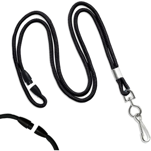5 Pack - Round Lanyard w/ Breakaway Clasp & Swivel J Hook - Thin Name Badge Holder Neck Cord w/ Safety Snap for Students, Teachers, Men & Women - Clip to Key Card, I'd Tag by Specialist ID (Black)