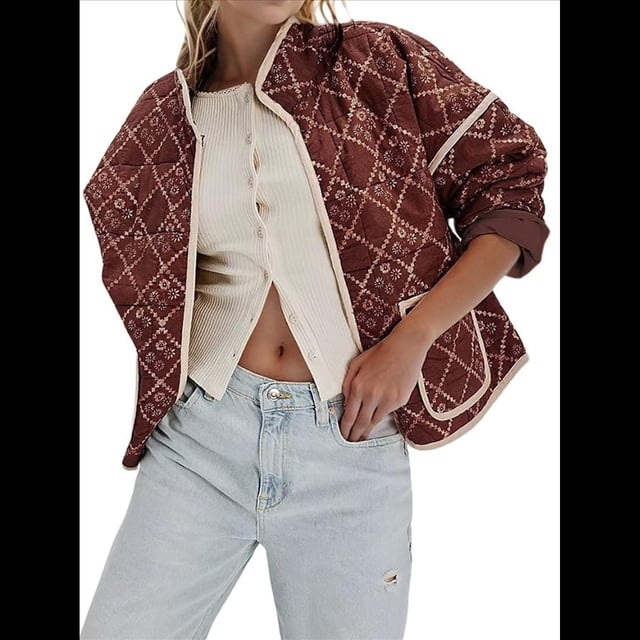 Chaqueta Acolchada Corta con Estampado Floral Vintage para Mujer, Chaqueta Corta Abierta Al Frente, Ropa de Abrigo Café M