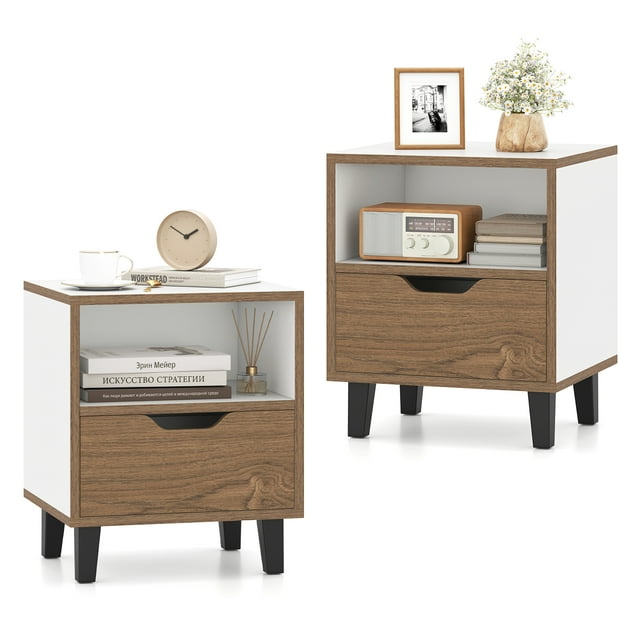 Gymax Table de Chevet 2 Pcs Style Mi-Siècle Moderne avec Tiroir et Tablette de Rangement Ouverte