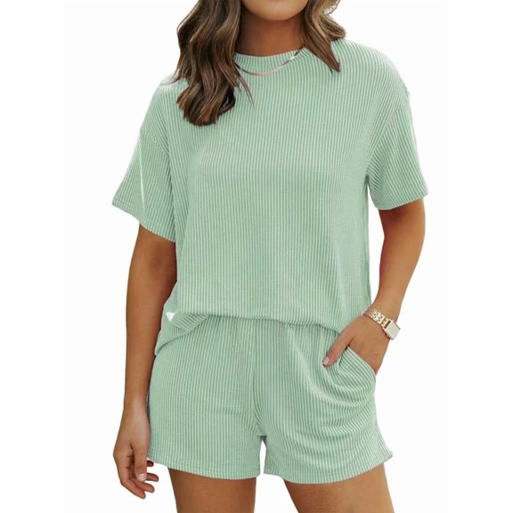 Short Sets for Women 2 Piece Lounge Set Loose Fit Short Sleeve Tops and Shorts Summer Matching Set Light Green XL