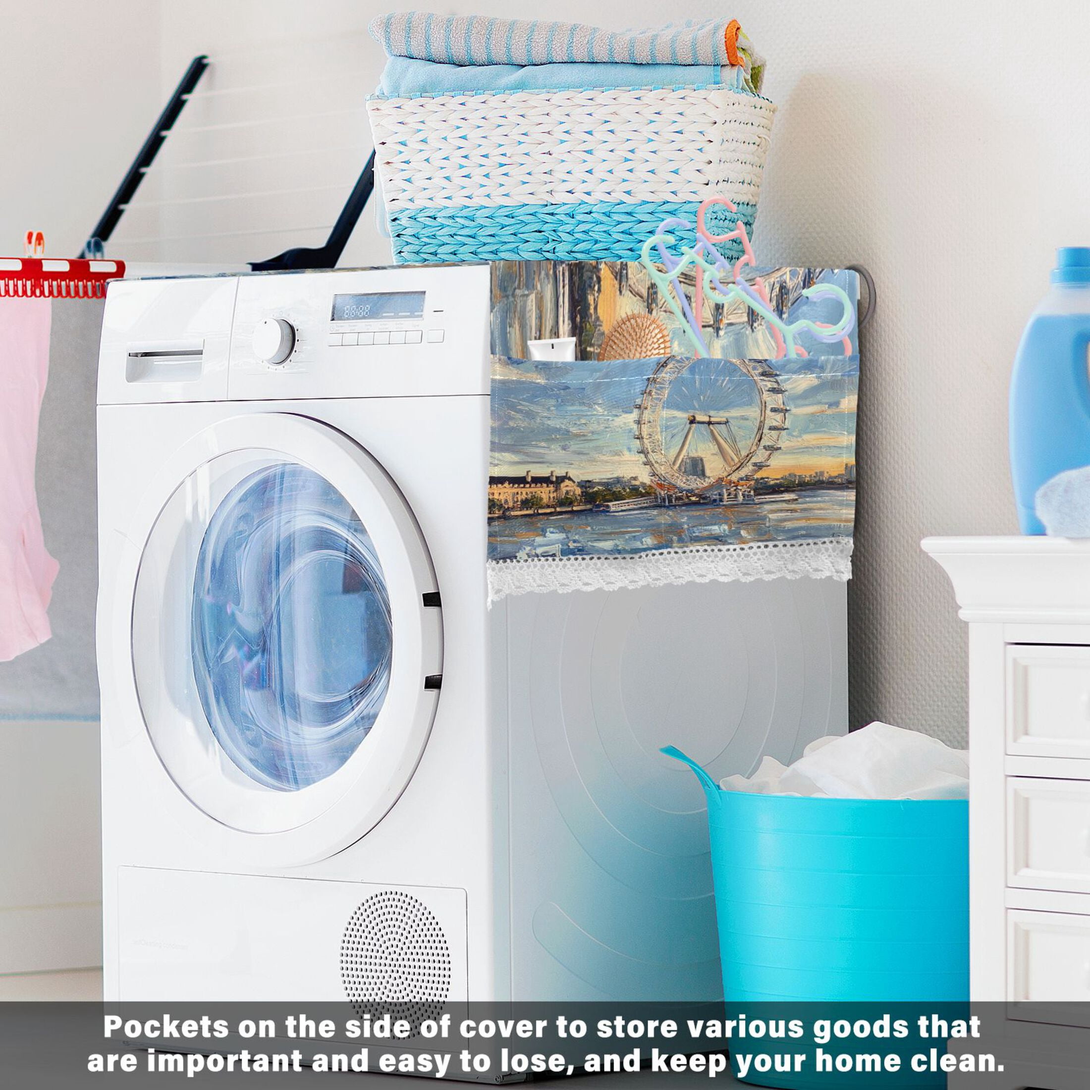 The London EyeWasher and Dryer Covers Dust-Proof and Oil Resistant Fridge Cover with 4 Storage Pockets Washing Machine Top Cover for Laundry Kitchen Home 51.2 x 22 In