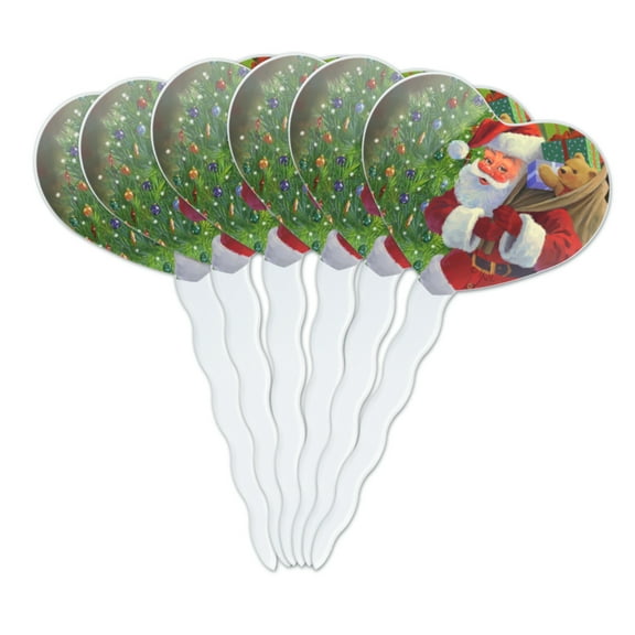 Christmas Holiday Santa Bag of Toys Tree Heart Love Cupcake Picks Toppers Decoration Set of 6