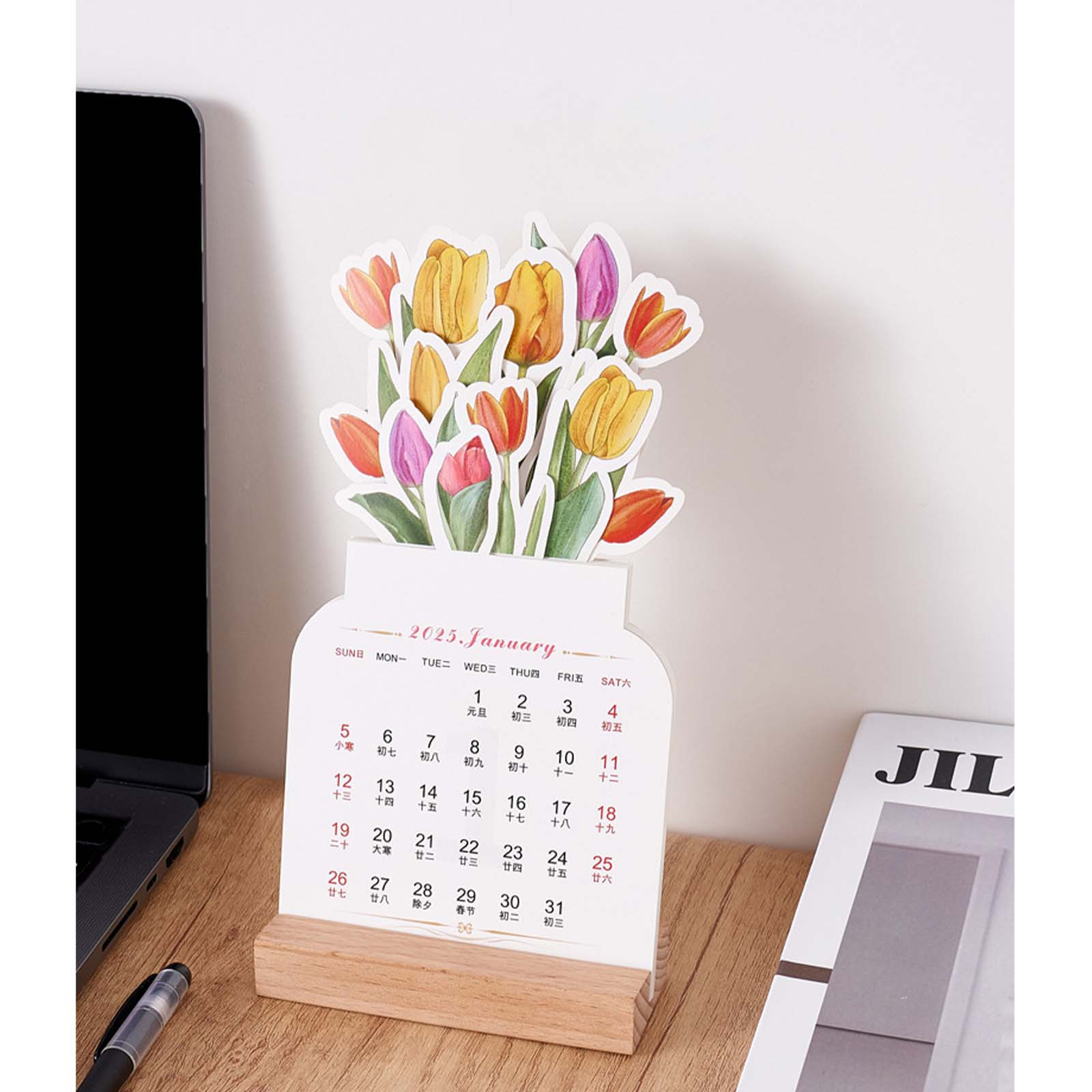 Calendrier De Bureau 2026 Floral – 23x10 Cm, Base En Bois, Planificateur Déco Pour Maison/bureau