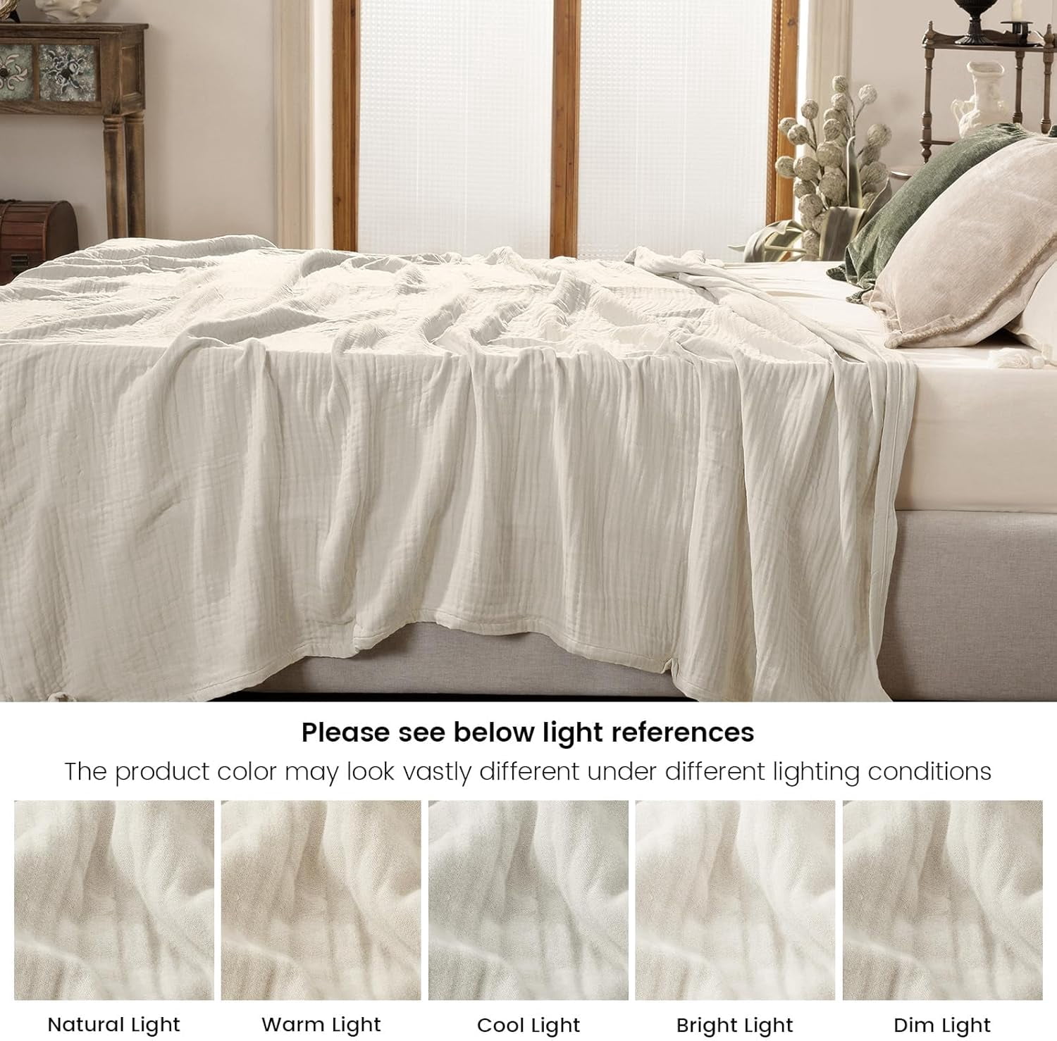 PHF Cooling Muslin Twin Blanket for Hot Sleepers, 4-Layer Breathable Bamboo Rayon & Cotton Gauze, Lightweight Summer Blanket for Bed or Couch, 66" x 90", Oat Milk