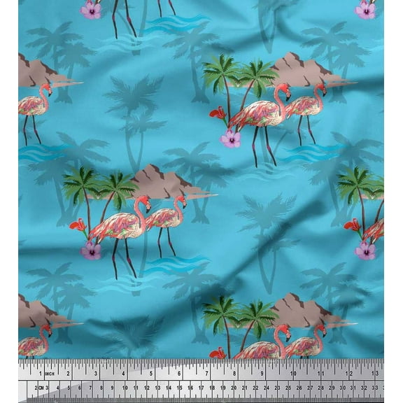 Soimoi Blue Cotton Duck Fabric Palm Tree, & Flamingo Bird Print Fabric by the Yard 42 Inch Wide