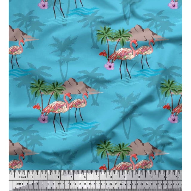 Soimoi Blue Poly Georgette Fabric Palm Tree, & Flamingo Bird Printed Fabric 1 Yard 42 Inch Wide