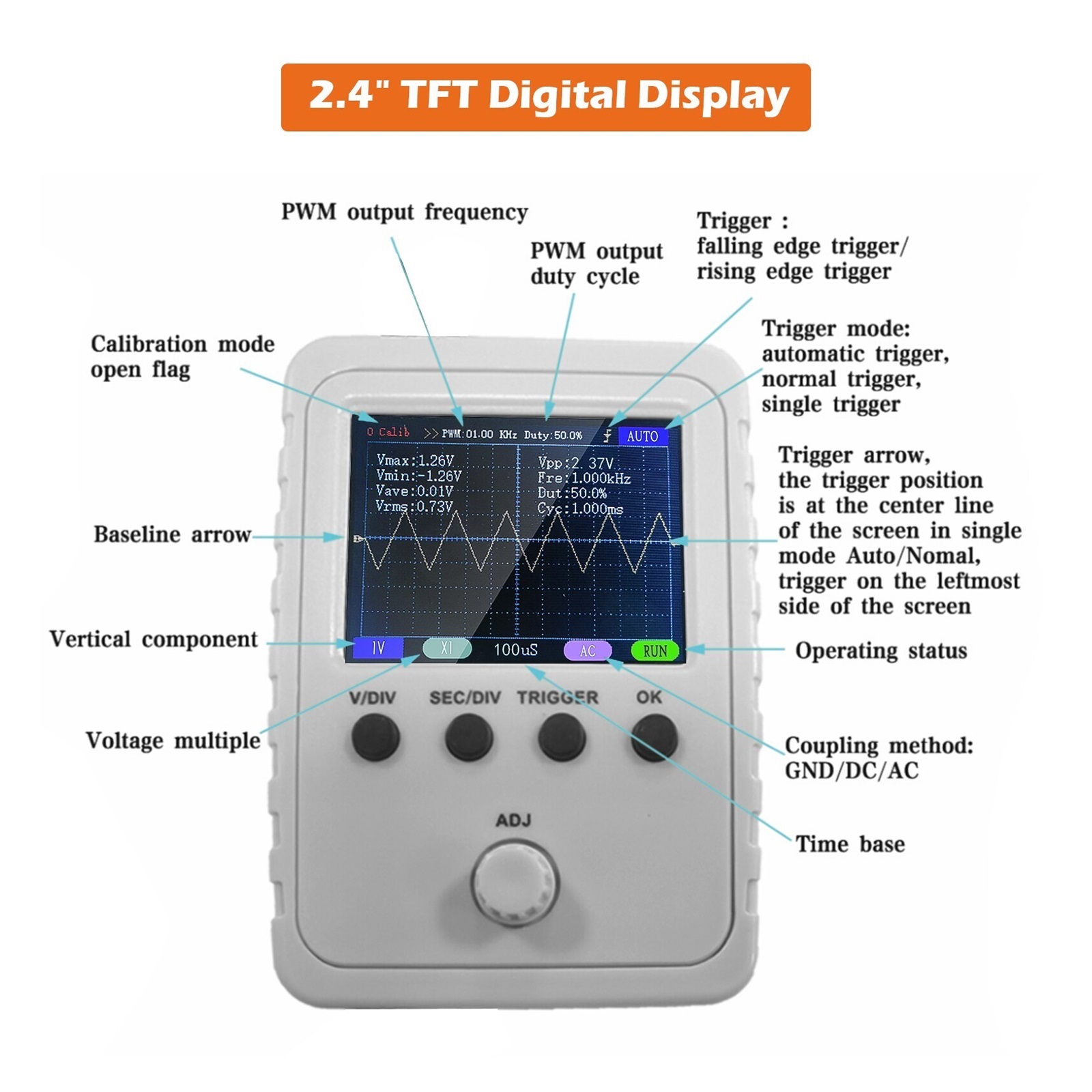 2.4 Inch TFT Digital Oscilloscope Portable ,Professional Designed