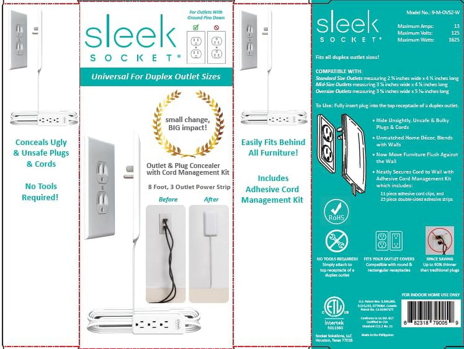 Sleek Socket Wall Outlet Concealer with 8-ft Extension Cord with Multiple Outlets