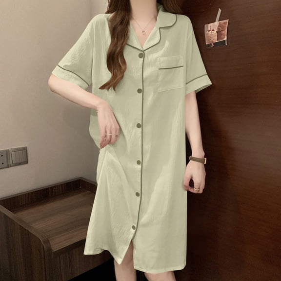 PNTUTB Women's Casual Solid Color Fashion Collar Button Up Loose Comfortable Home Sleep Dress with Pockets