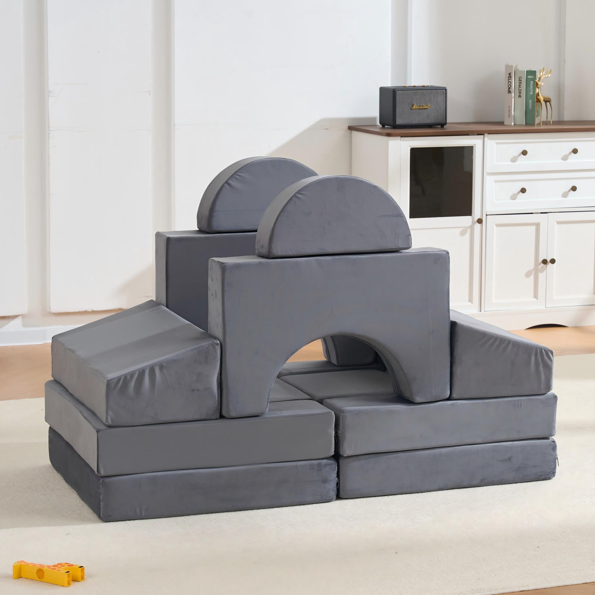 Modular Kids Play Couch 14-Piece Set, Soft Foam Building Block Sofa for Toddlers, Convertible Floor Cushion Activity Playset for Playroom and Nursery, Gray