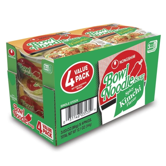 Nongshim Bowl Noodle Spicy Kimchi Ramyun Ramen Noodle Soup Bowl, 3.03oz X 4 Count