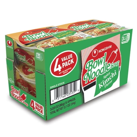Nongshim Bowl Noodle Spicy Kimchi Ramyun Ramen Noodle Soup Bowl, 3.03oz X 4 Count