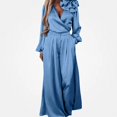 thumbnail image 2 of Vornjynx Two Piece Sets of Womens Elegant V Neck Satin Long Sleeve Tops Wide Leg Pants Lounge Outfits Blue Size 2XL, 2 of 8