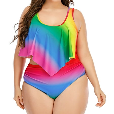

Inkach Womens Sexy Rainbow Printing Split Gradient Plus Size Ruffled Swimsuit