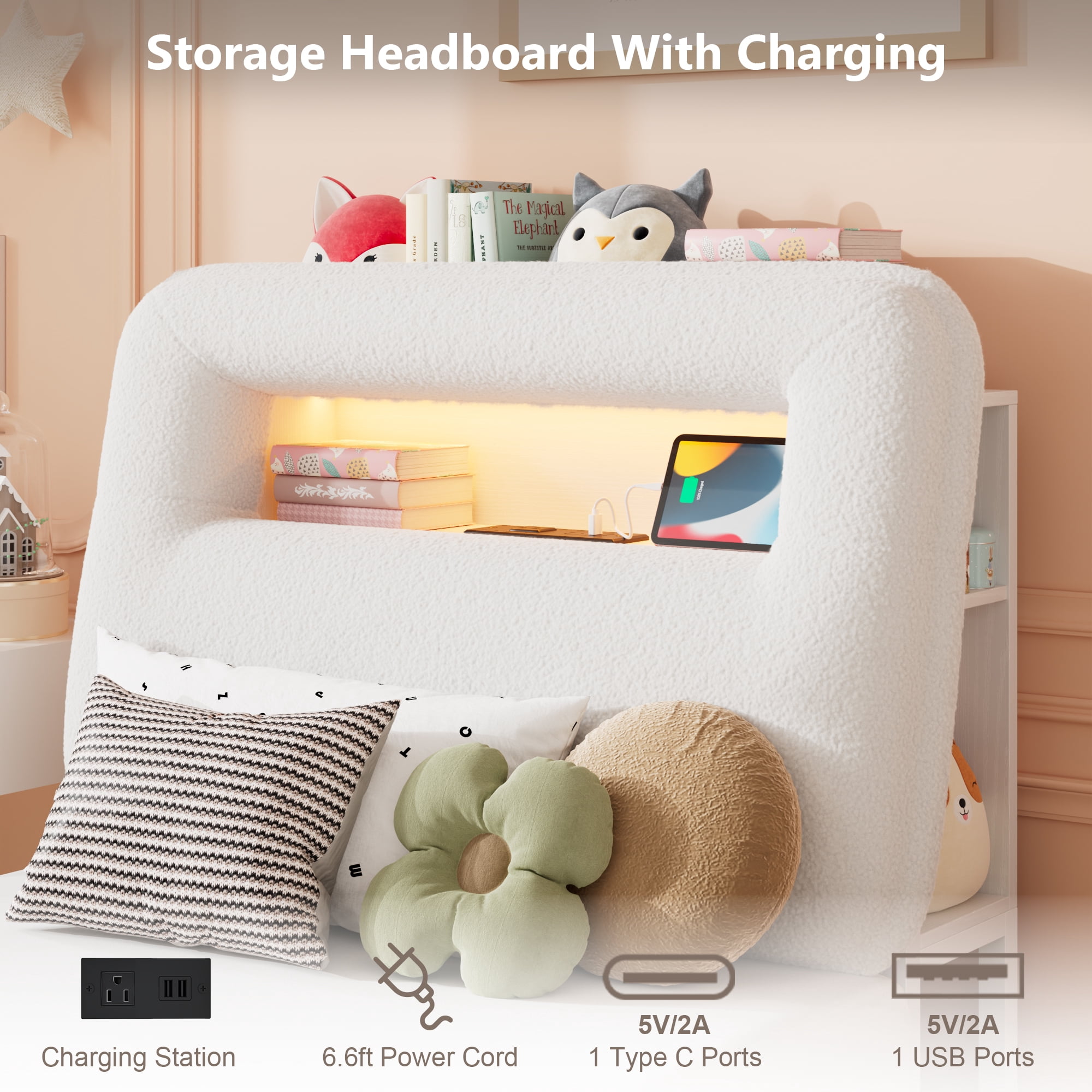 Miniyam Twin Bed with Storage Drawer, Sherpa Upholstered Headboard, LED Light & USB Charging for Kids