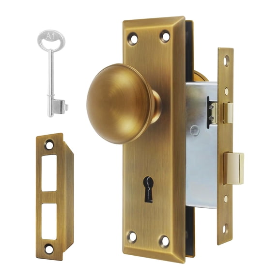 Vintage Door Knob with Lock for Interior Doors Antique Brass, Antique Brass 1 Pack Mortise Lock Set, Old Fashioned Bathroom & Bedroom with Skeleton Key for Old House Doors