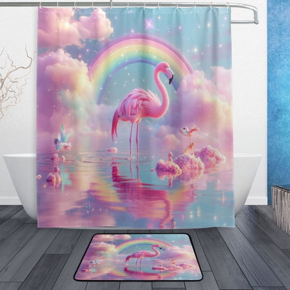 Bath Curtain & Non-Slip Bath Mat Set 12-Grommet Shower Curtain Memory Foam Bath Rug Flamingo in The Water