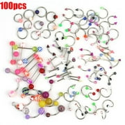 A Set of 100pcs Assorted Acrylic Tongue Lip Labret Navel Belly Eyebrow Rings Bars Barbell Body Piercing Jewelry (Random Color)