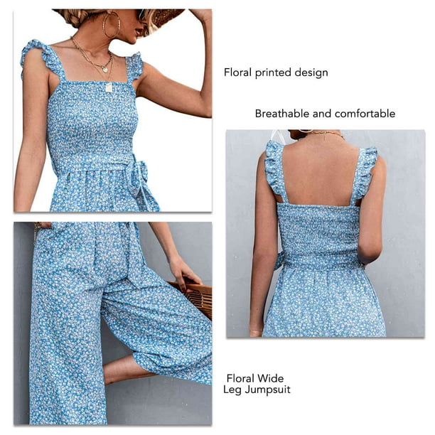 Mono De Verano Para Mujer 2 Bolsillos Mono Con Estampado Floral De Verano Pierna Ancha Cinturon Transpirable Fruncido Elegante Para Uso Diario ANGGREK XL Azul Bodega Aurrera en linea