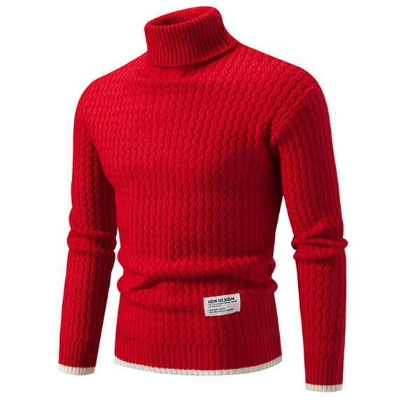 ibuvkizy Mens Turtleneck Sweaters NEW DESIGN Man Solid Color Long Sleeve Knit Choker Sweater Red,M