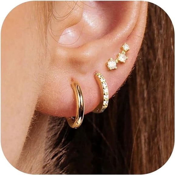 14k Gold Plated Small Hoop & Stud Earrings Set for Women, Dainty Hypoallergenic Cartilage Earrings, Trendy Gold Jewelry Gift