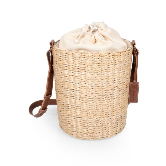 Picnic Time Palermo Insulated Rush Straw Bucket Tote with Leather Straps, Beige Canvas