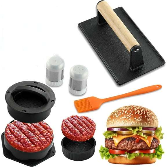 CozyNestFinds 5PCS Smash Burger Press Kit - 4 in 1 Hamburger Patty Storage Containers,7.68"X4.1" Rectangle Cast Iron Smash Bacon Press- Non Stick Smash Burger Press Set for Grill and Griddle Cooking