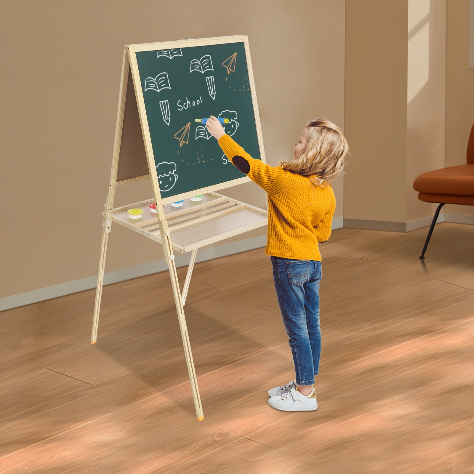 Wood Easel for Kids, Wooden Art Easel Kid Easel 35.4-61in Adjustable Standing Art Easel for Children, Beginner, Student for 2-8 Years Old