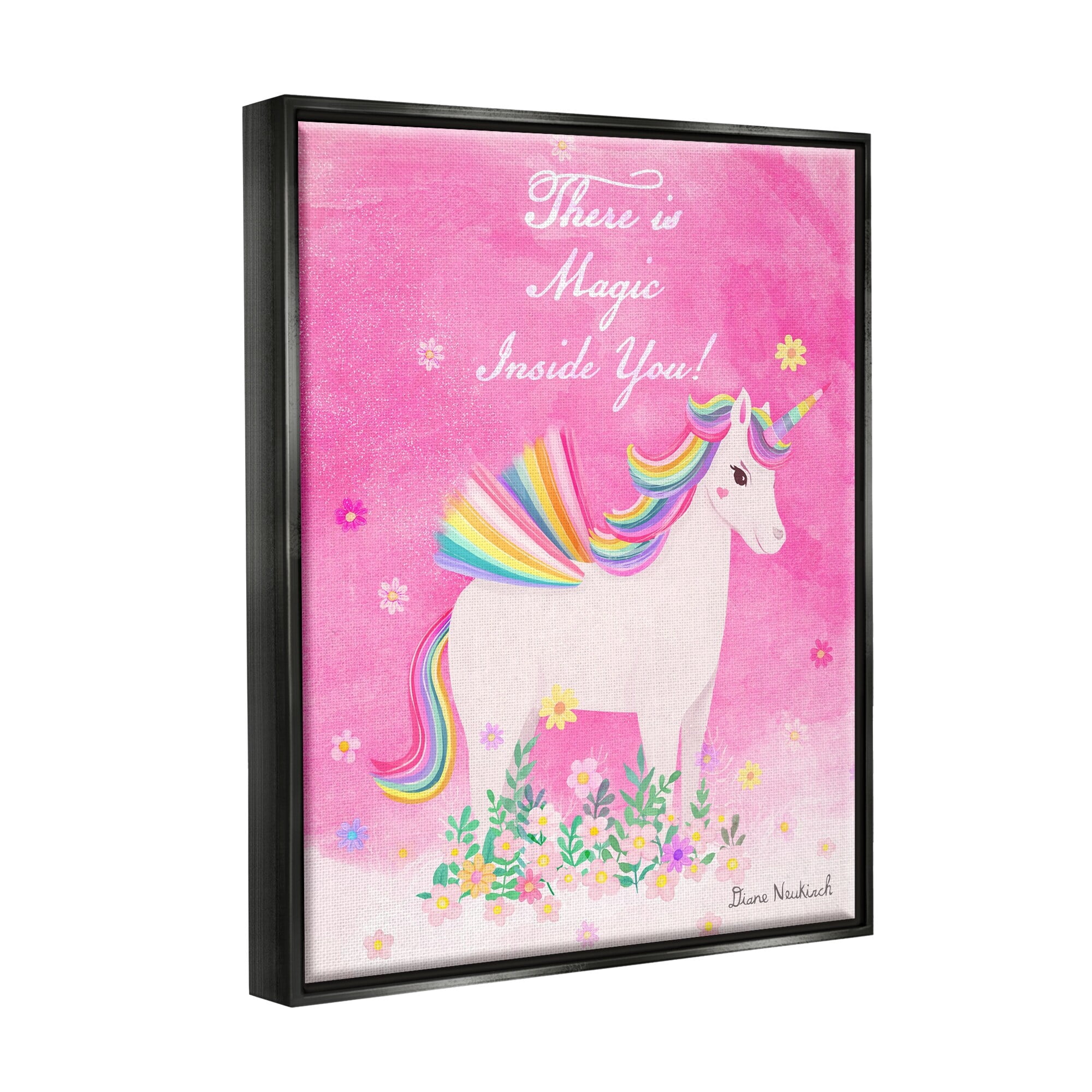 Stupell Industries Magic Inside You Motivational Unicorn Quote Botanical Blossoms Graphic Art Jet Black Floating Framed Canvas Print Wall Art, Design by Diane Neukirch