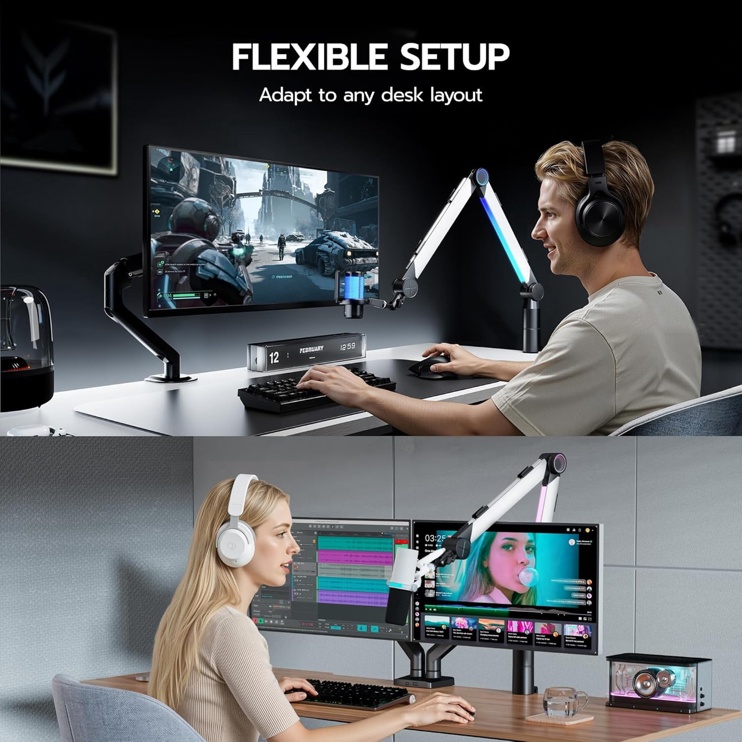 RGB Microphone  Arm with Volume Control, Adjustable Desk Mount for Gaming Streaming Podcasting