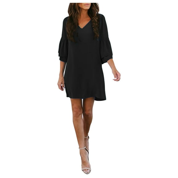 Womens Dresses for Wedding Guest Short Sleeve Tunic Dress V Neck Casual Loose Flowy Swing Shift Dress