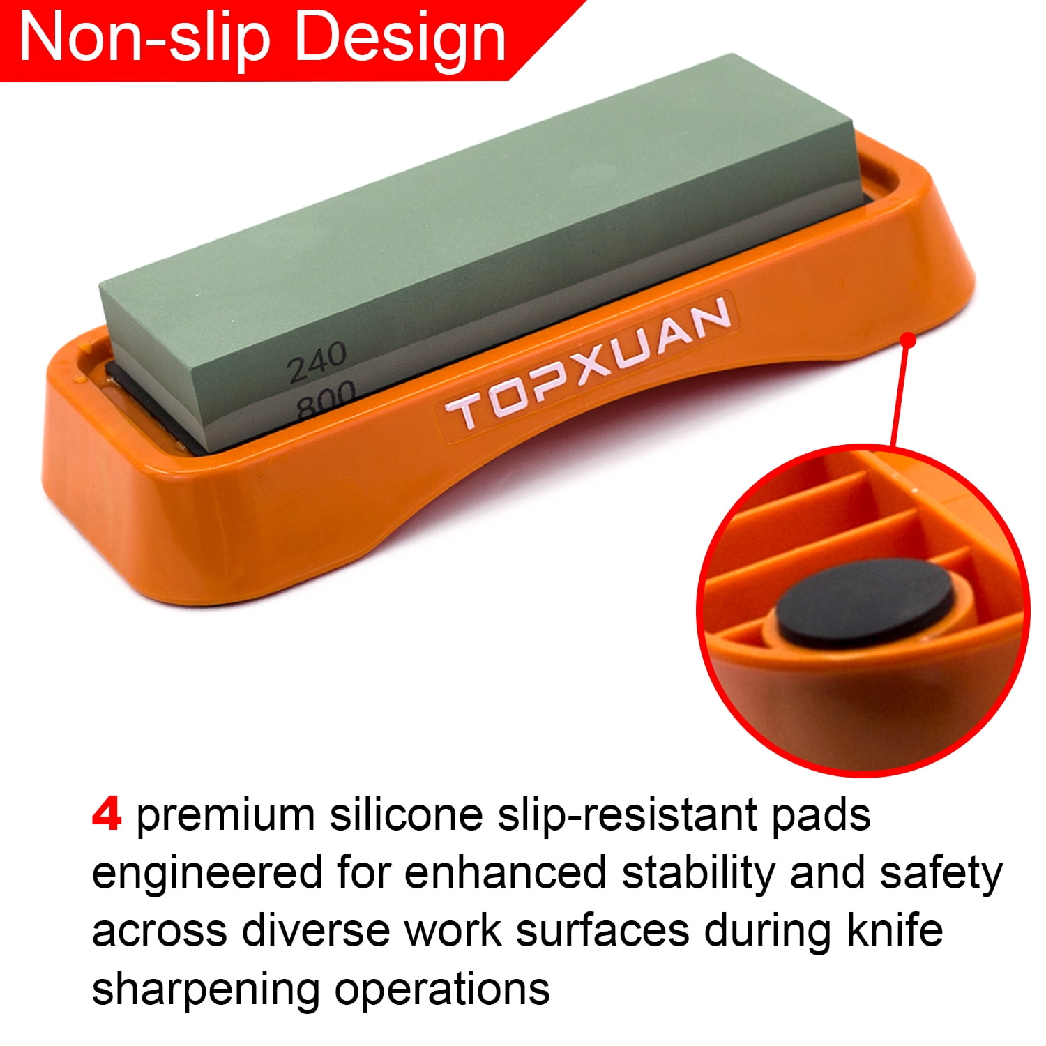 TOPXUAN Knife Sharpening Stone 2 Sided 240/800 Grit Sharpener Waterstone,Professional Kitchen Whetstone with Orange Plastic Base,Non-Slip Rubber and Angle Guide