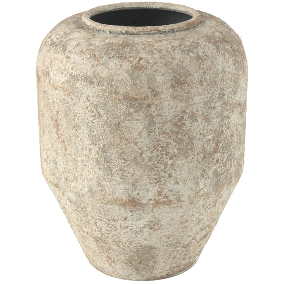 DecMode 15" Handmade Antique Style Distressed Beige Metal Vase
