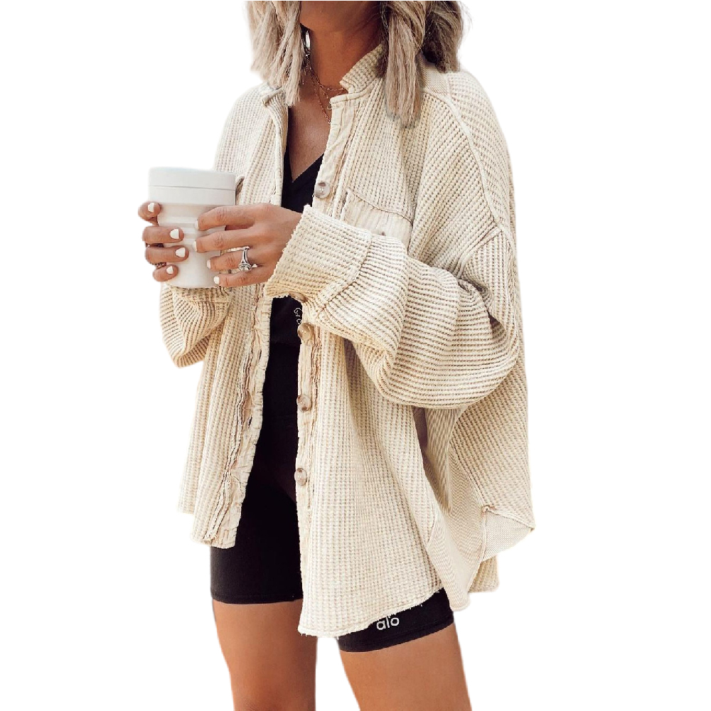 Women Waffle Knit Shacket Jacket Button 