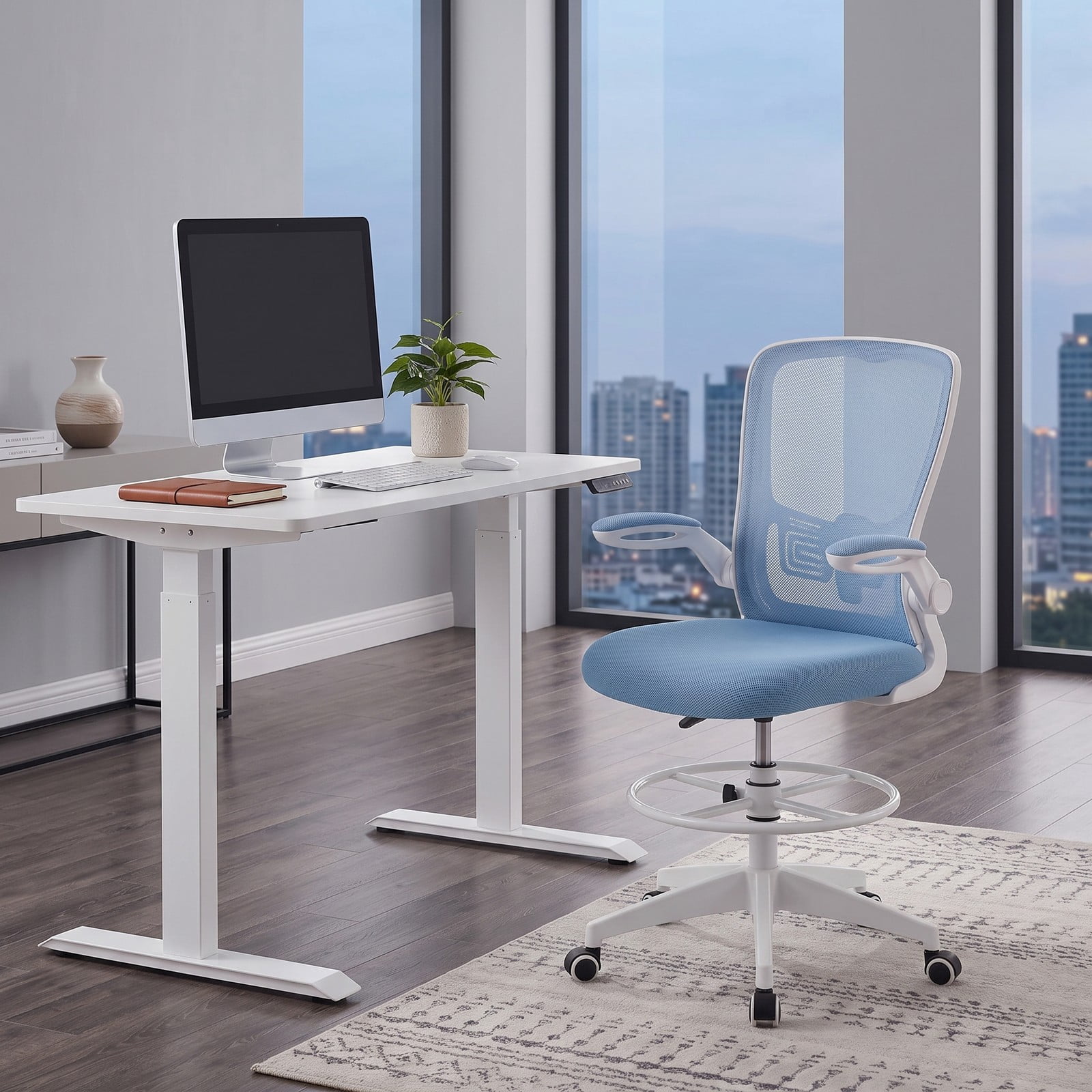 Furnibear Height Adjustable Drafting Chair with Flip-Up Arms for Home Office, Ergonomic Mesh Back Rolling Task Chair with Foot Ring and Lumbar Support, 360, Blue