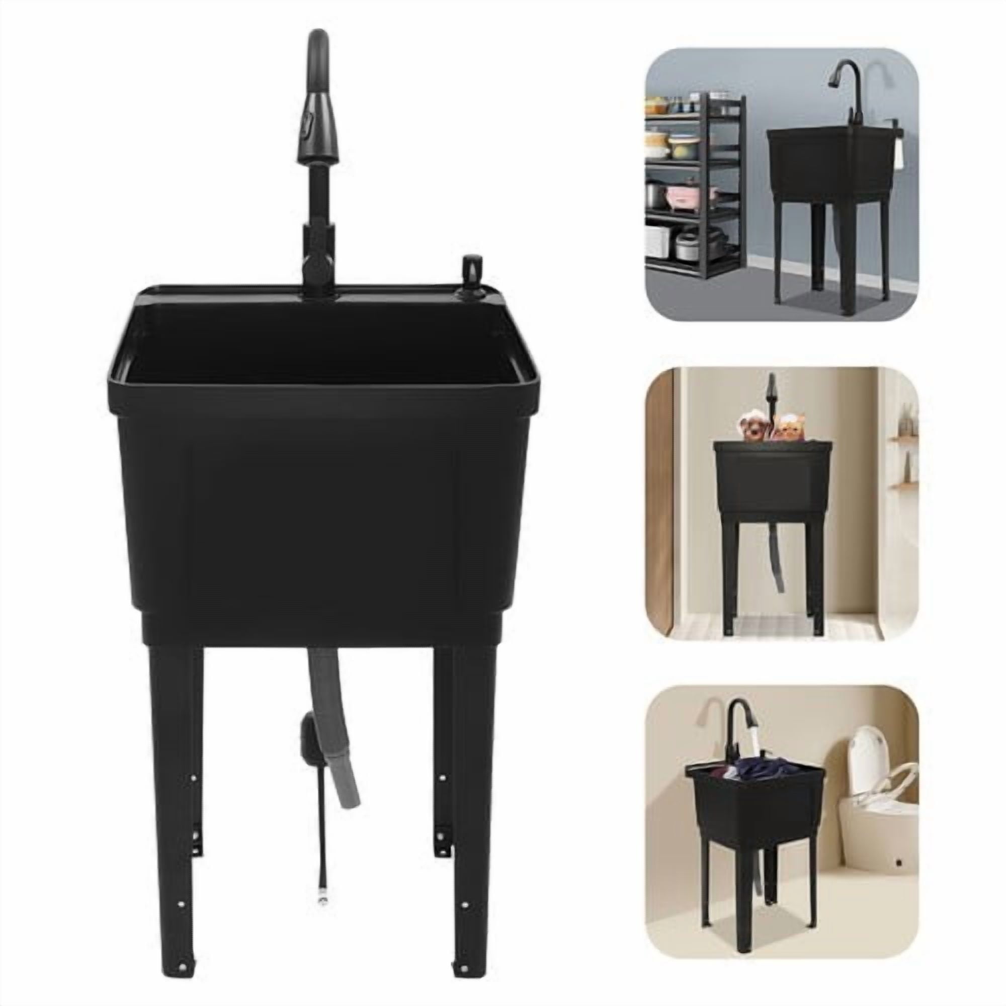 Utility Sink with 360° Rotatable Faucet & Pull Out Sprayer 19.6" L x 19" W x 35" H Freestanding Laundry Tub Sink Single Bowl Kitchen Sink for Laundry Room Bathroom Farmhouse (Black)