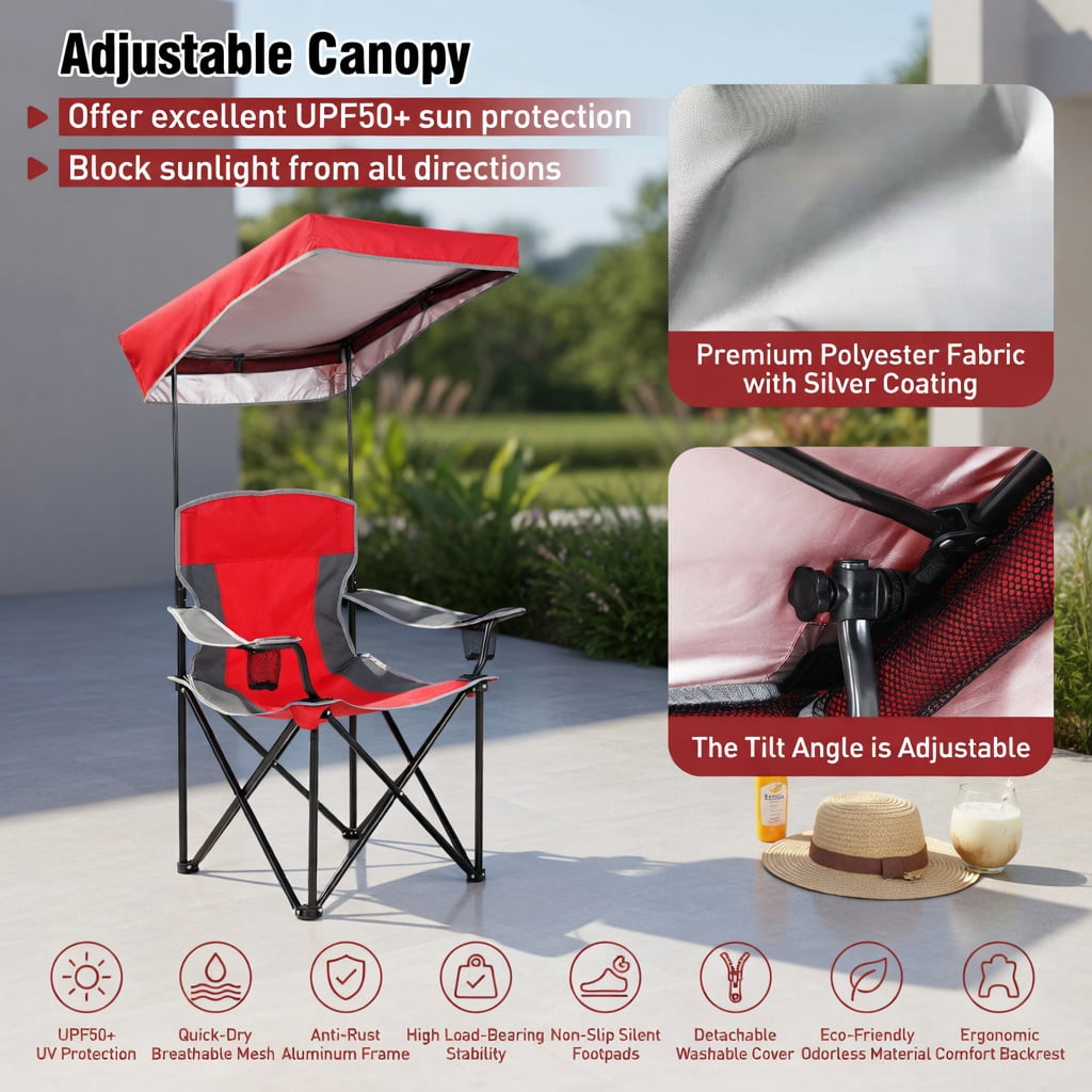 Hommoo Double Beach Chair with Adjustable UPF50+ Canopy, 3-Side Roll-Up Shade Curtains, Built-in Cooler Bag & Mesh Ventilation, Red