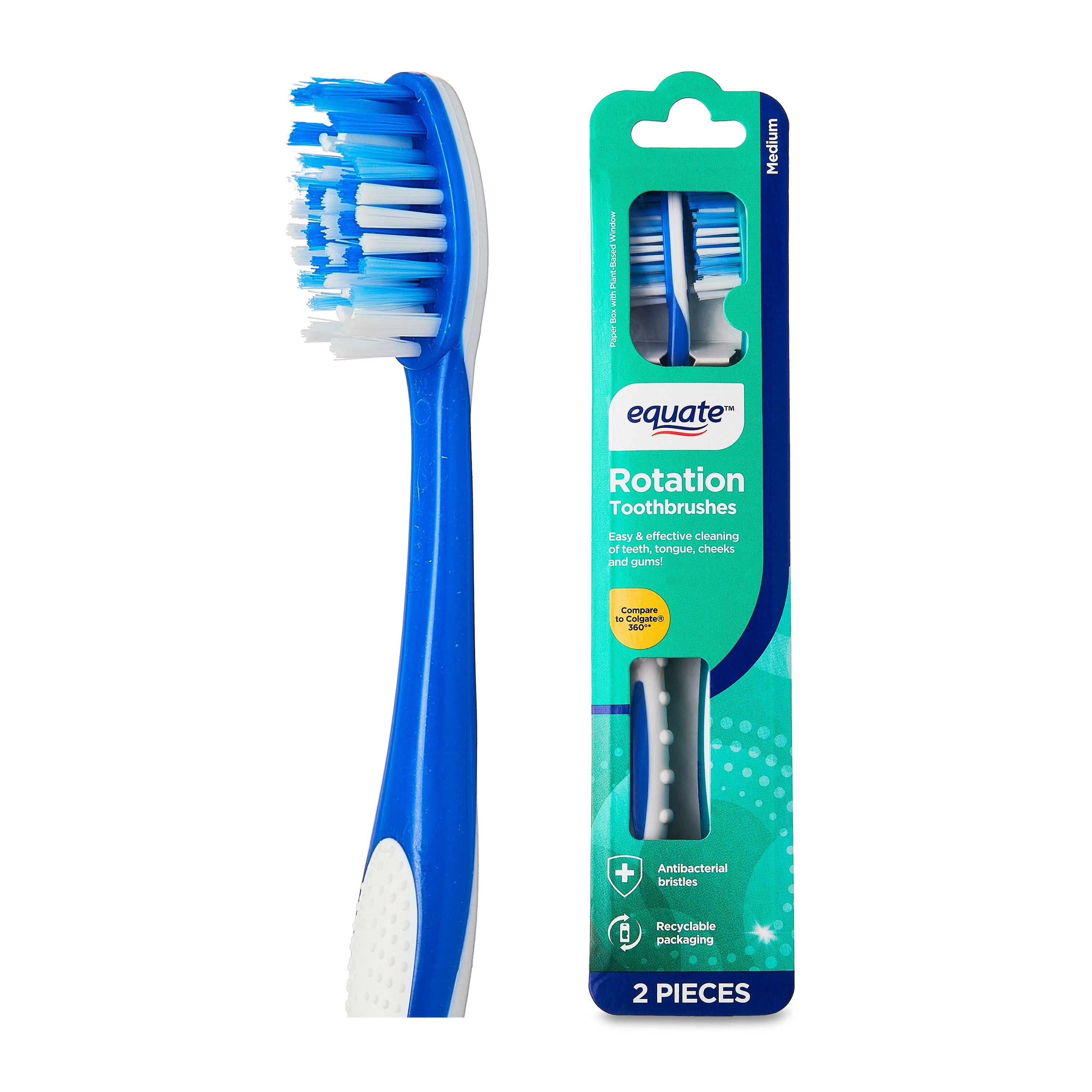 (4 pack) Equate Rotation Manual Toothbrush with Tongue and Cheek Cleaner, Medium