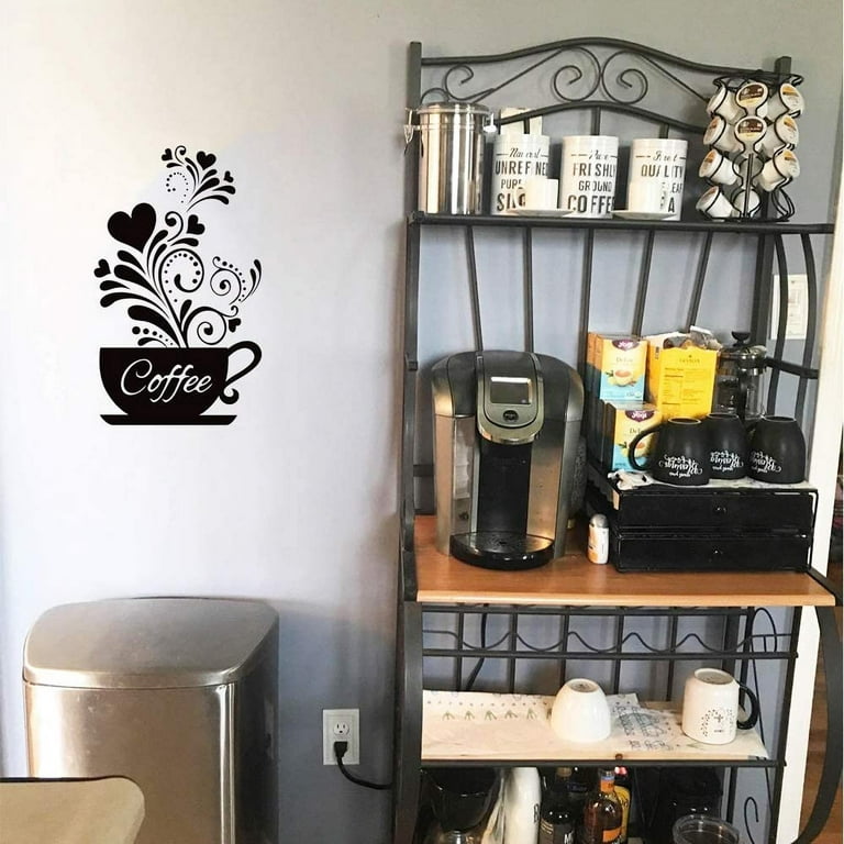 Coffee Cup + Flower” Wall Decor Sticker, Black Coffee Decor for