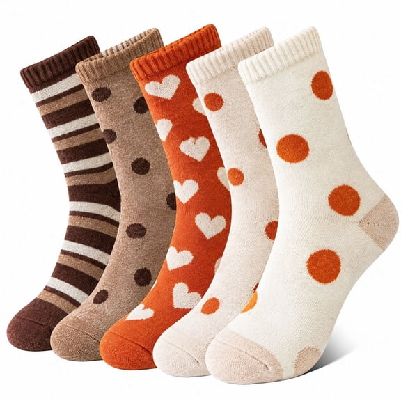 5 Pairs Womens Mid Calf Socks Thick Knit Warm Crew Socks Autumn Winter Casual Daily Wear Striped Polka Dot Cozy Soft Breathable Comfortable Fashion Cute Gift Set