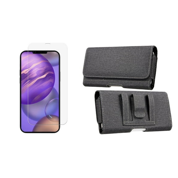 Bemz Pouch Bundle for Apple iPhone 12 Mini: Horizontal Rugged Nylon Phone Belt Holster Case (Card/Coin Holder Slots) with Tempered Glass Screen Protector - Black
