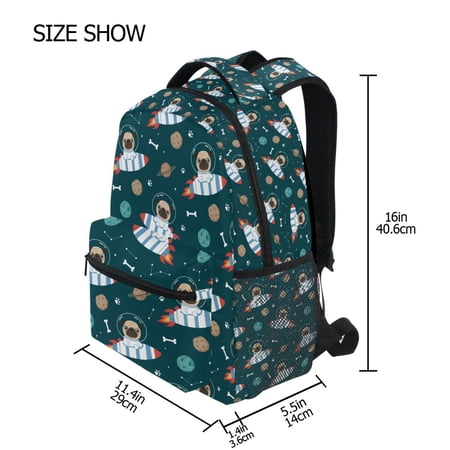 BZSMCE Backpack Schoolbag 15L/18L 2-SIZE Space Pug Pattern Pattern Pattern For the Backbags